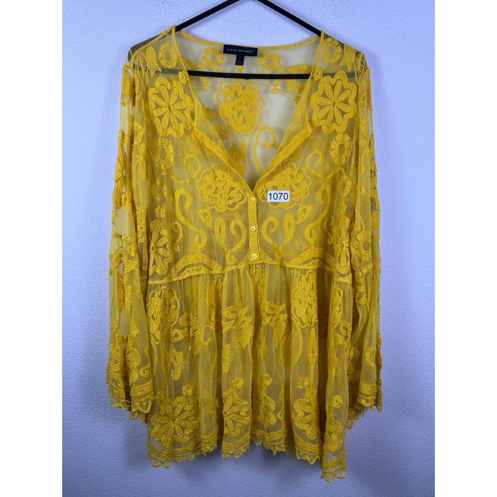 Lane Bryant Mustard Yellow Floral Embroidered Mesh Lace Tunic Top Plus 14/16